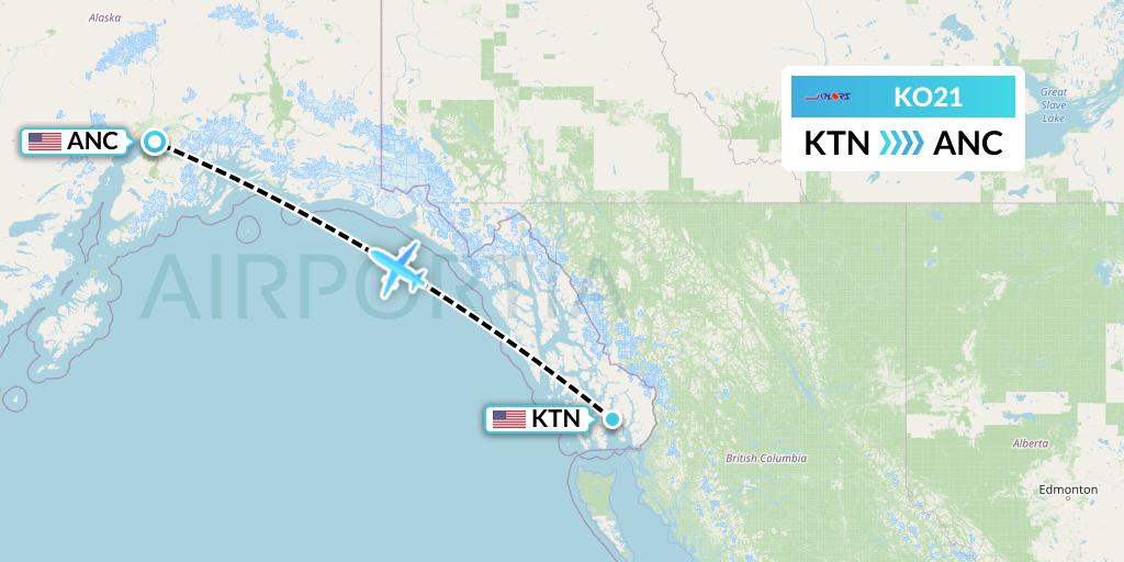 KO21 Komiaviatrans Flight Map: Ketchikan to Anchorage