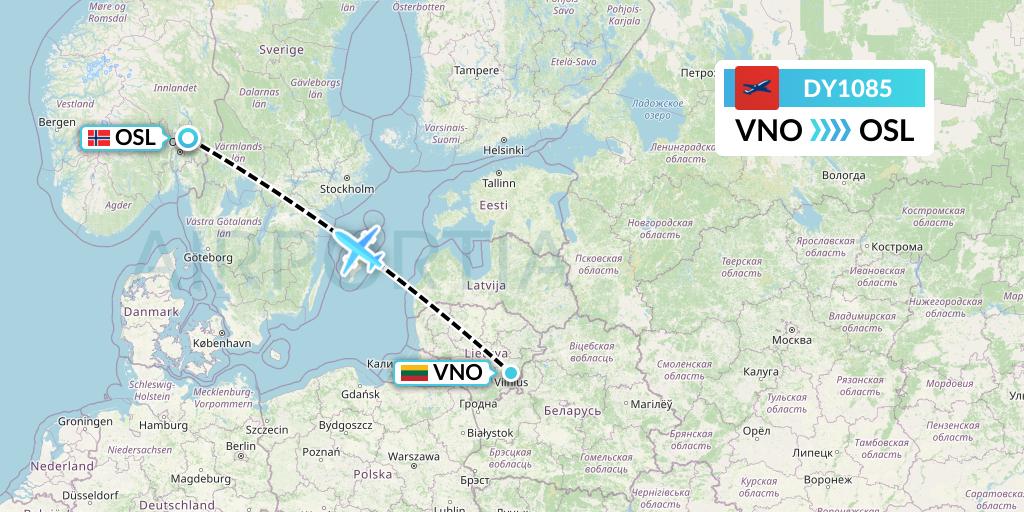 DY1085 Norwegian Flight Map: Vilnius to Oslo