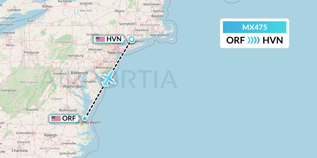 MX475 Breeze Airways Flight Map: Norfolk to New Haven