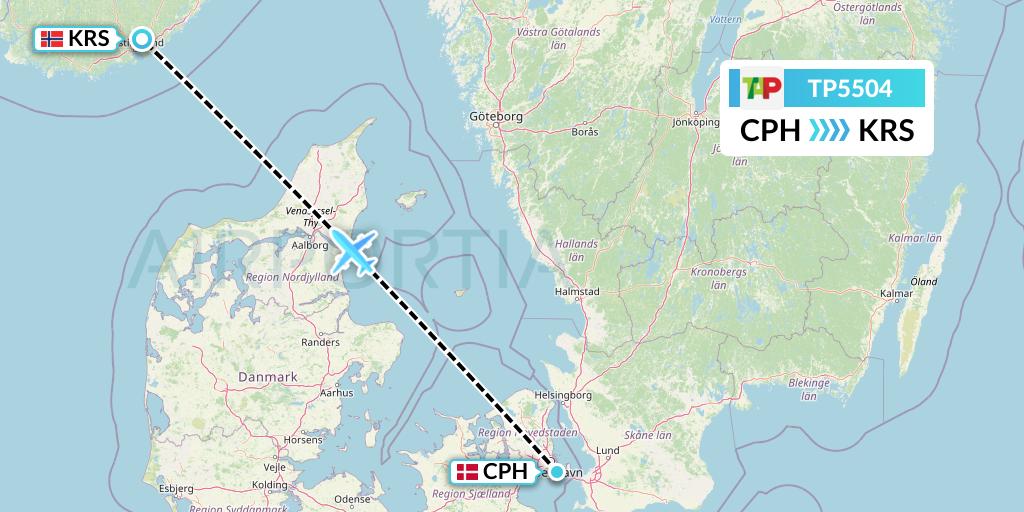 TP5504 TAP Portugal Flight Map: Copenhagen to Kristiansand