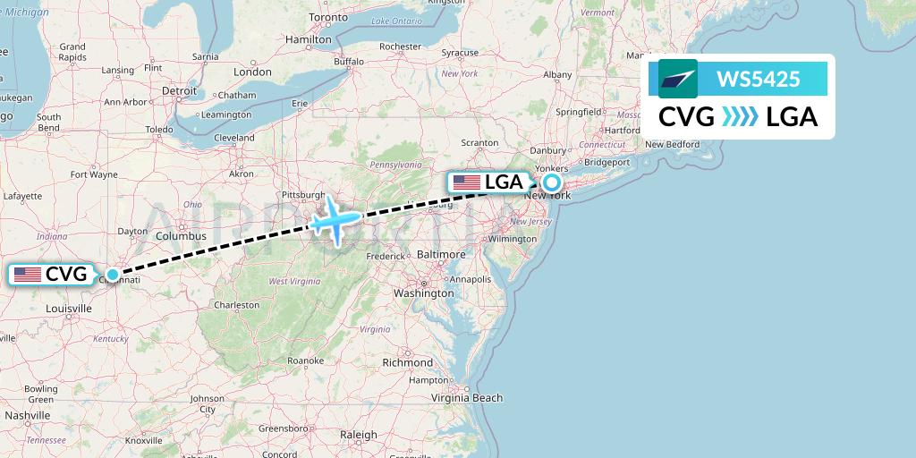 WS5425 WestJet Flight Map: Cincinnati to New York