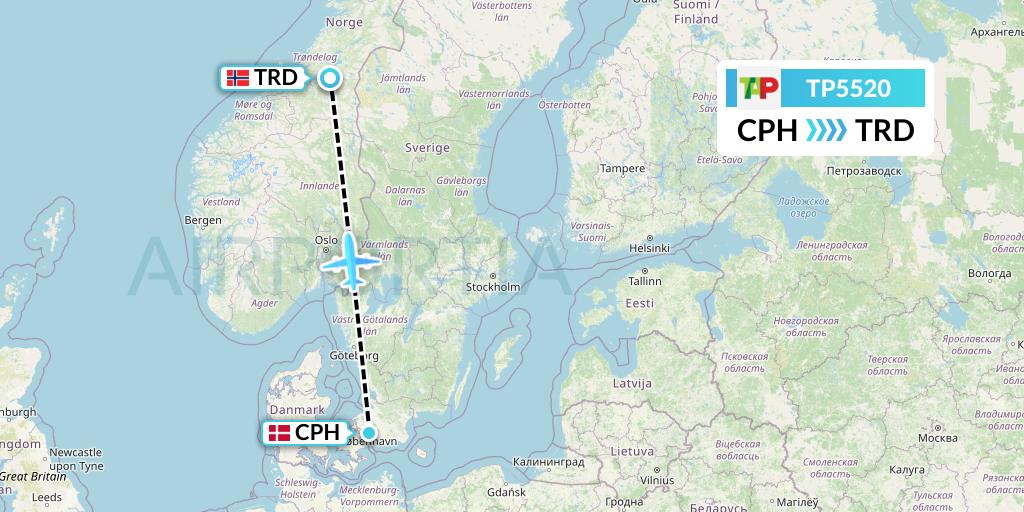 TP5520 TAP Portugal Flight Map: Copenhagen to Trondheim