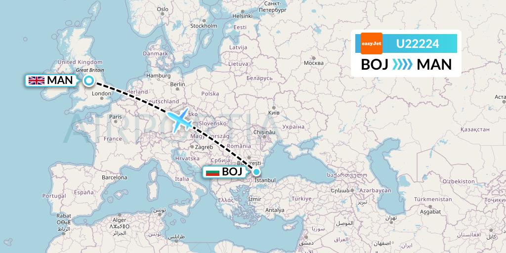 U22224 EasyJet Flight Map: Burgas to Manchester