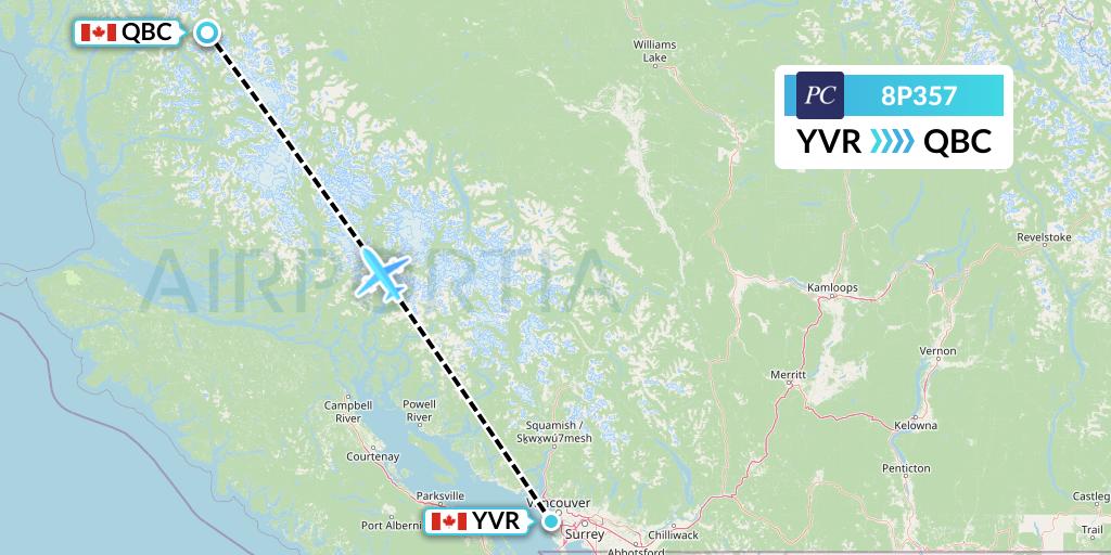 8P357 Pacific Coastal Airlines Flight Map: Vancouver to Bella Coola