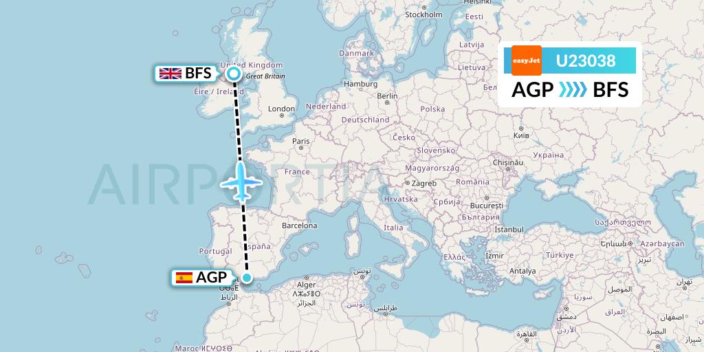 U23038 EasyJet Flight Map: Malaga to Belfast