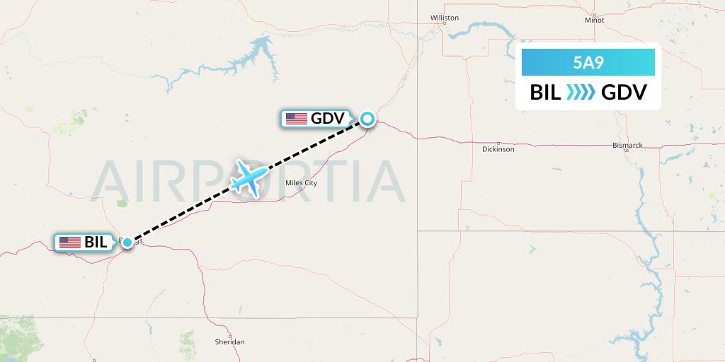 5A9 Alpine Air Express Flight Map: Billings to Dawson