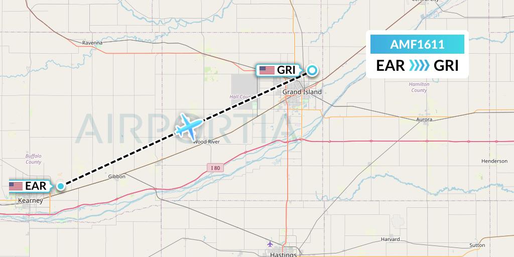 AMF1611 Ameriflight Flight Map: Kearney to Grand Island