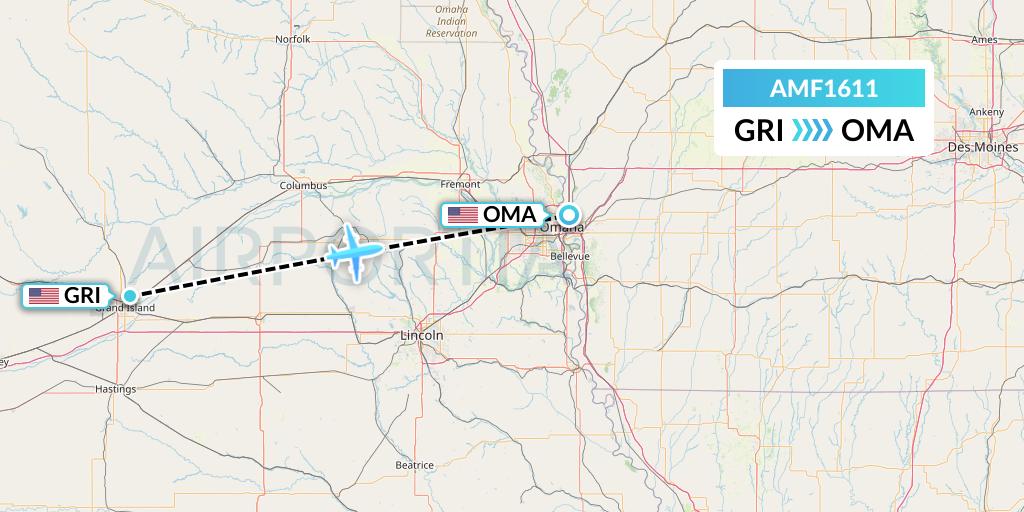 AMF1611 Ameriflight Flight Map: Grand Island to Omaha