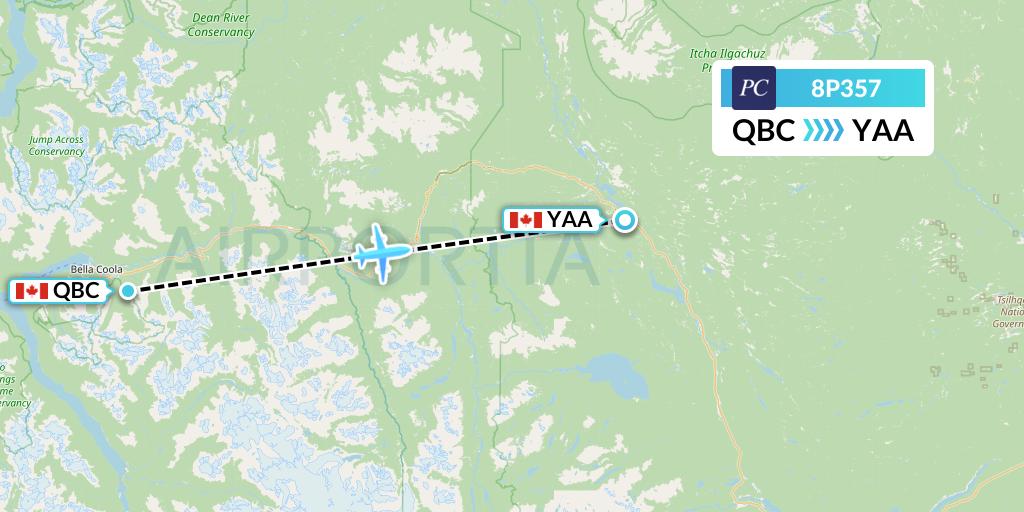 8P357 Pacific Coastal Airlines Flight Map: Bella Coola to Anahim Lake