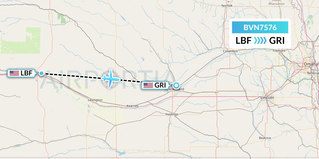 BVN7576 Baron Aviation Services Flight Map: North Platte to Grand Island