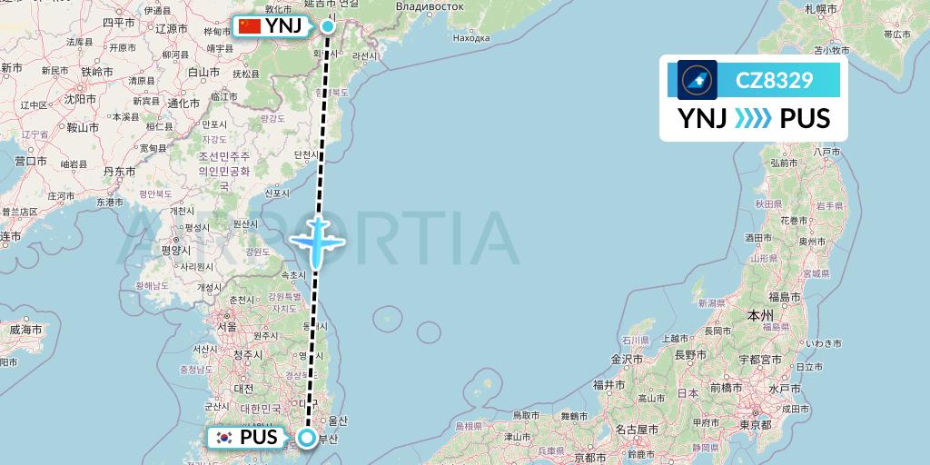CZ8329 China Southern Airlines Flight Map: Yanji to Busan