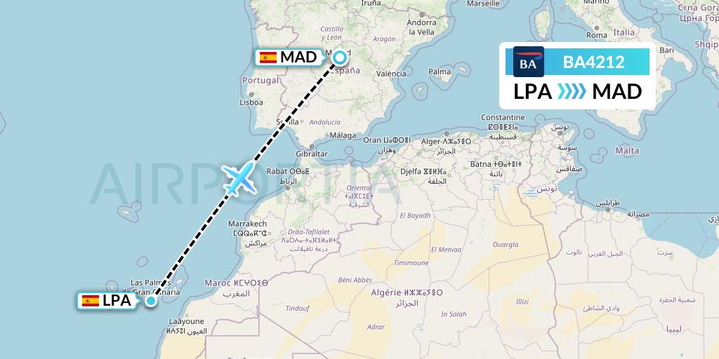 BA4212 British Airways Flight Map: Las Palmas to Madrid
