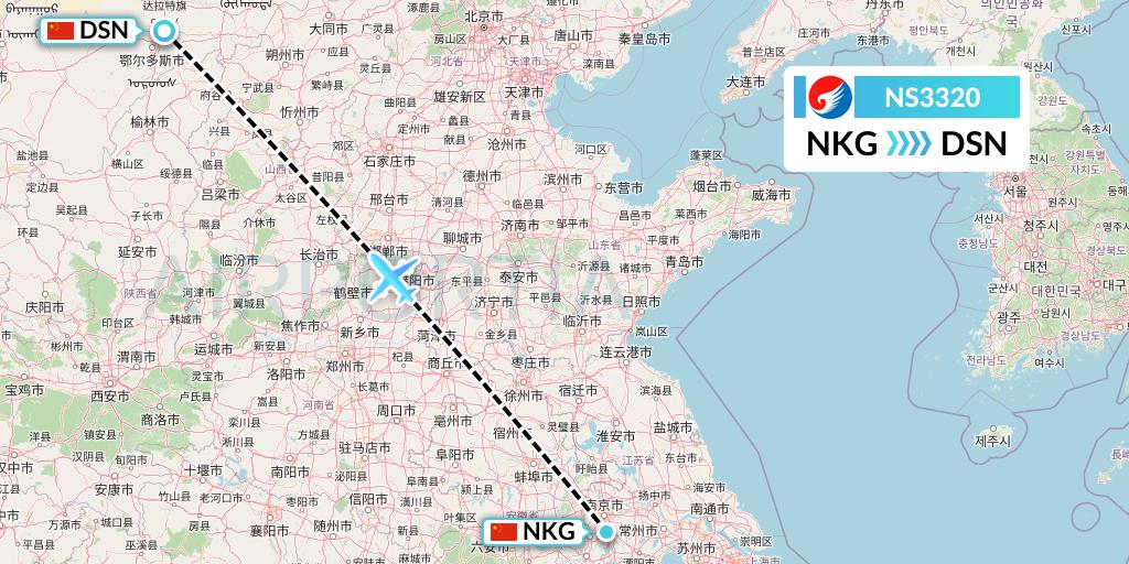 NS3320 Hebei Airlines Flight Map: Nanjing to Dongsheng