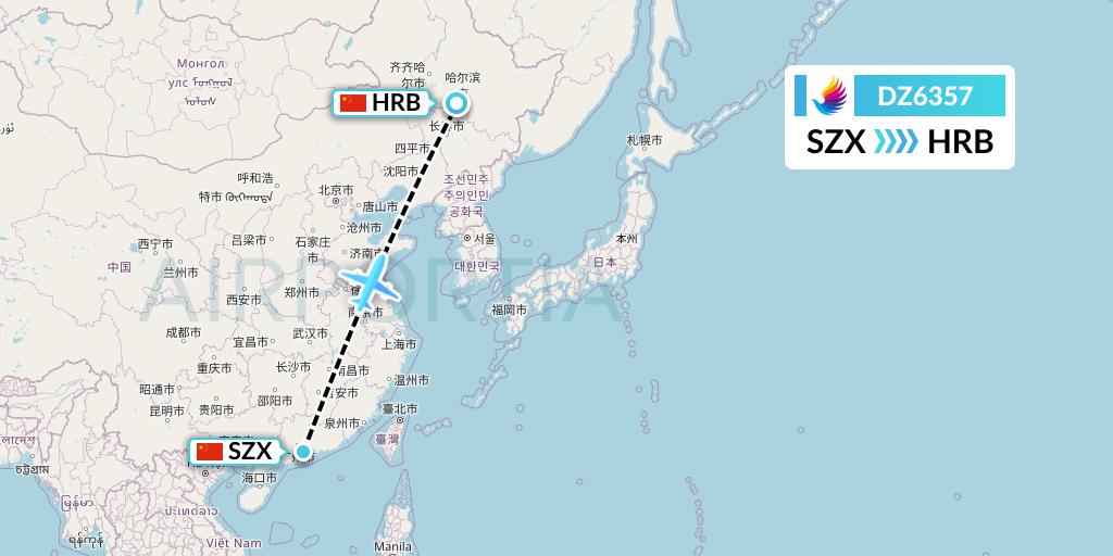 DZ6357 Donghai Airlines Flight Map: Shenzhen to Harbin