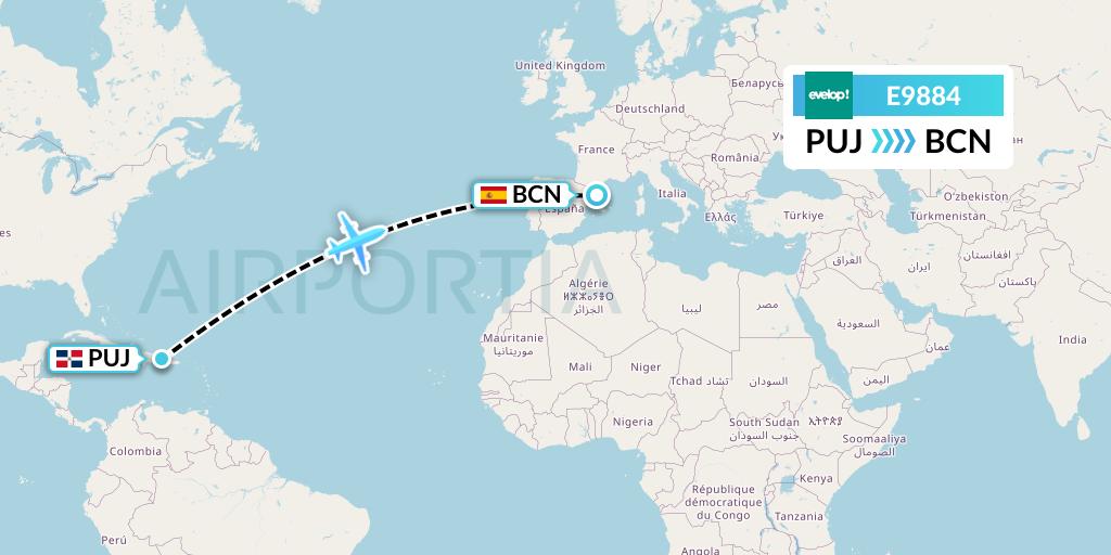 E9884 Evelop Airlines Flight Map: Punta Cana to Barcelona