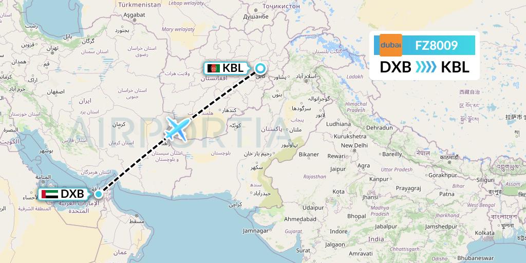 FZ8009 FlyDubai Flight Map: Dubai to Kabul