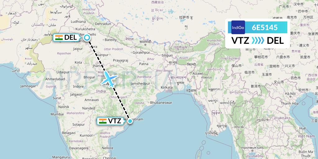 6E5145 IndiGo Airlines Flight Map: Visakhapatnam to Delhi