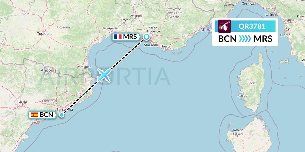 QR3781 Qatar Airways Flight Map: Barcelona to Marseille