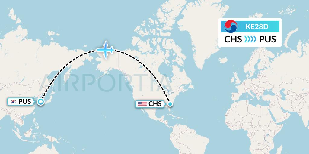 KE28D Korean Air Flight Map: Charleston to Busan