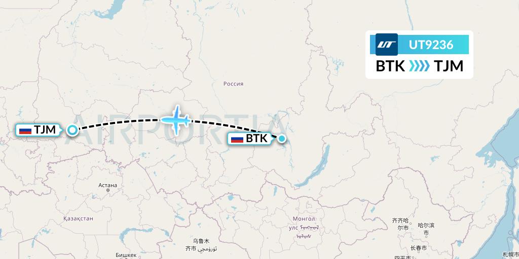 UT9236 UTair Flight Map: Bratsk to Tyumen