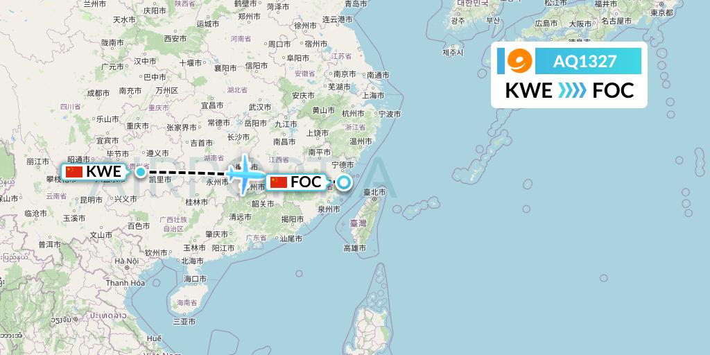 AQ1327 9 Air Flight Map: Guiyang to Fuzhou