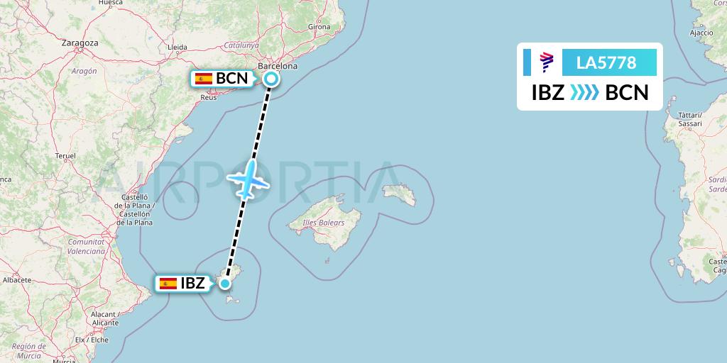 LA5778 LAN Airlines Flight Map: Ibiza to Barcelona