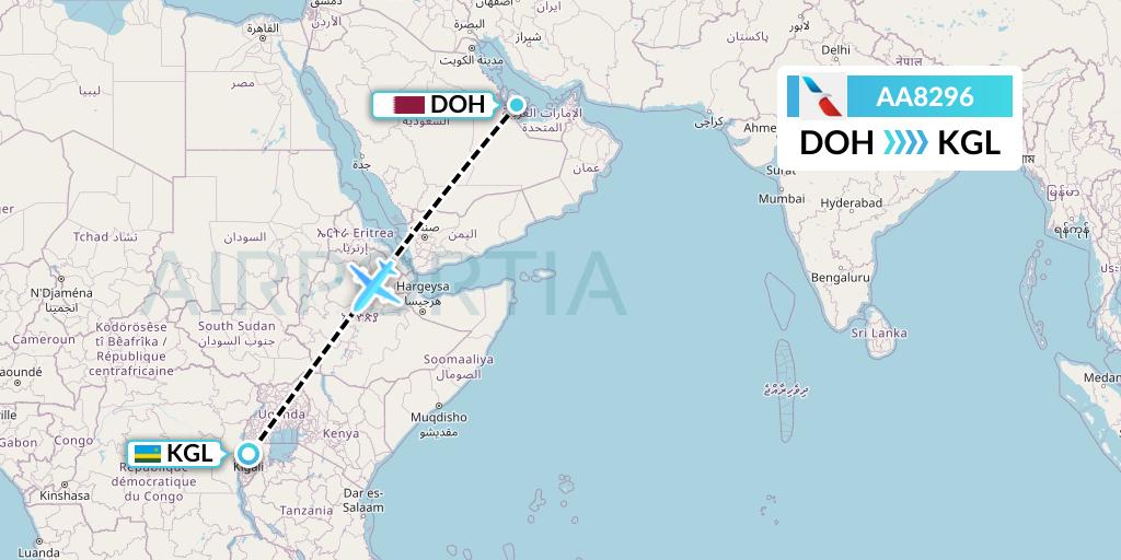 AA8296 American Airlines Flight Map: Doha to Kigali