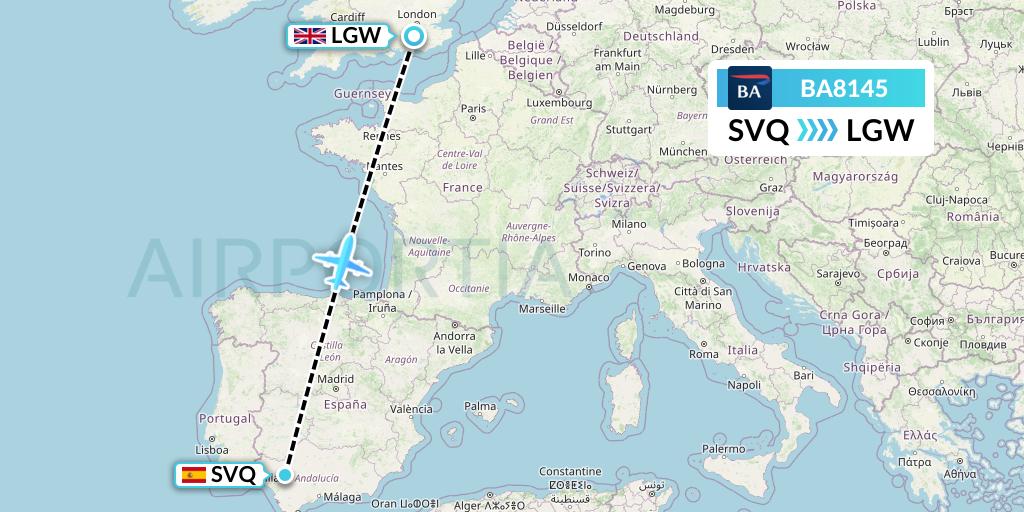 BA8145 British Airways Flight Map: Seville to London