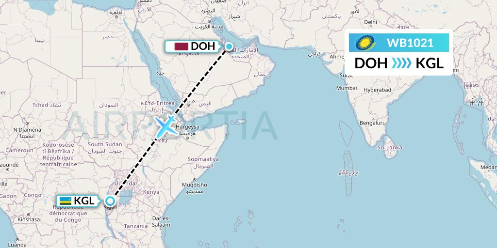 WB1021 RwandAir Flight Map: Doha to Kigali