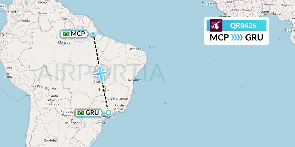 QR8426 Qatar Airways Flight Map: Macapa to Sao Paulo