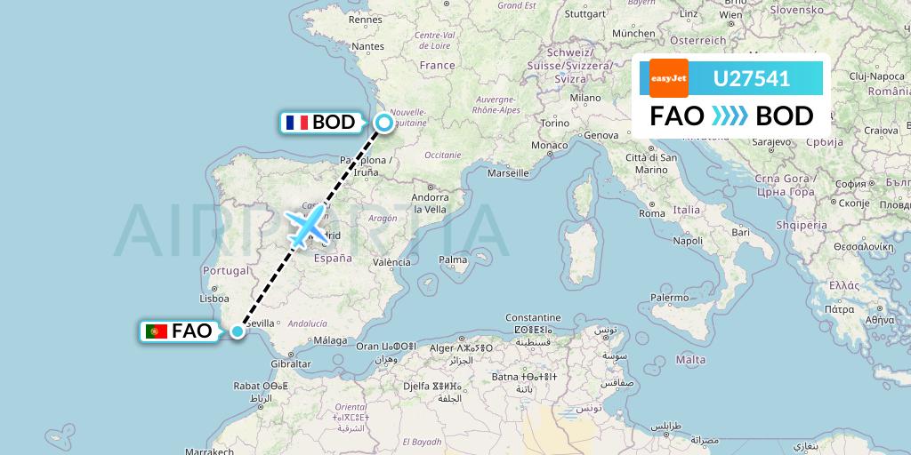 U27541 EasyJet Flight Map: Faro to Bordeaux