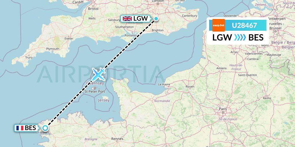 U28467 EasyJet Flight Map: London to Brest