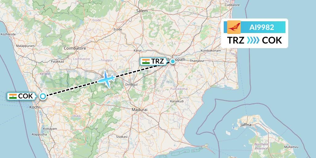 AI9982 Air India Flight Map: Tiruchirapalli to Cochin