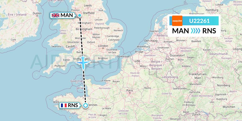 U22261 EasyJet Flight Map: Manchester to Rennes
