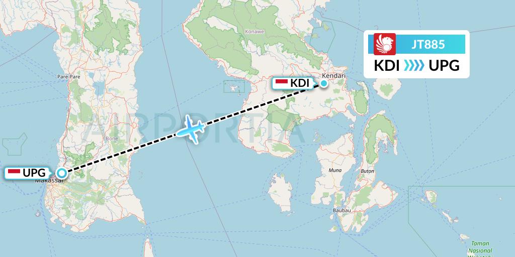 JT885 Lion Airlines Flight Map: Kendari to Makassar