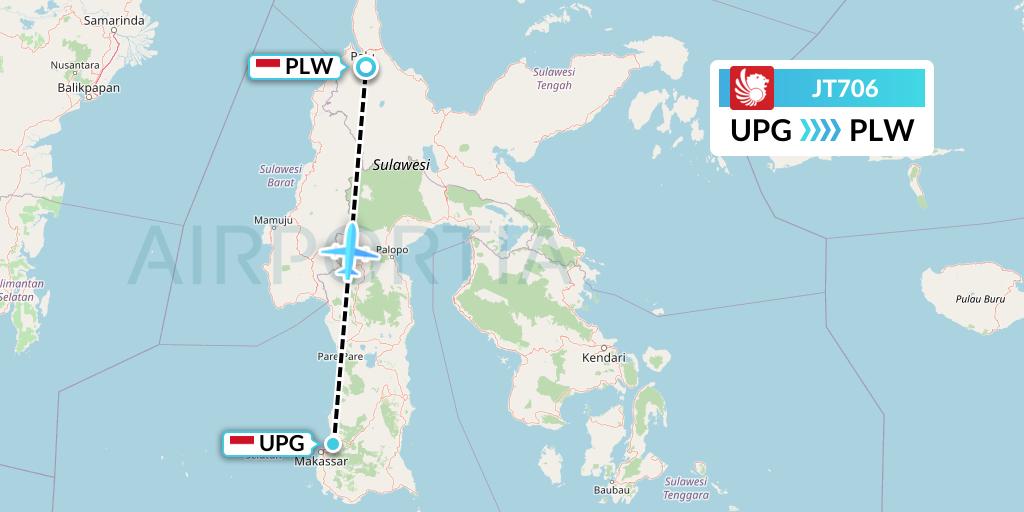 JT706 Lion Airlines Flight Map: Makassar to Palu