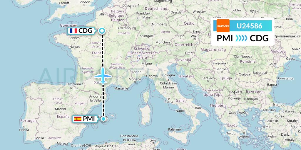 U24586 EasyJet Flight Map: Palma de Mallorca to Paris