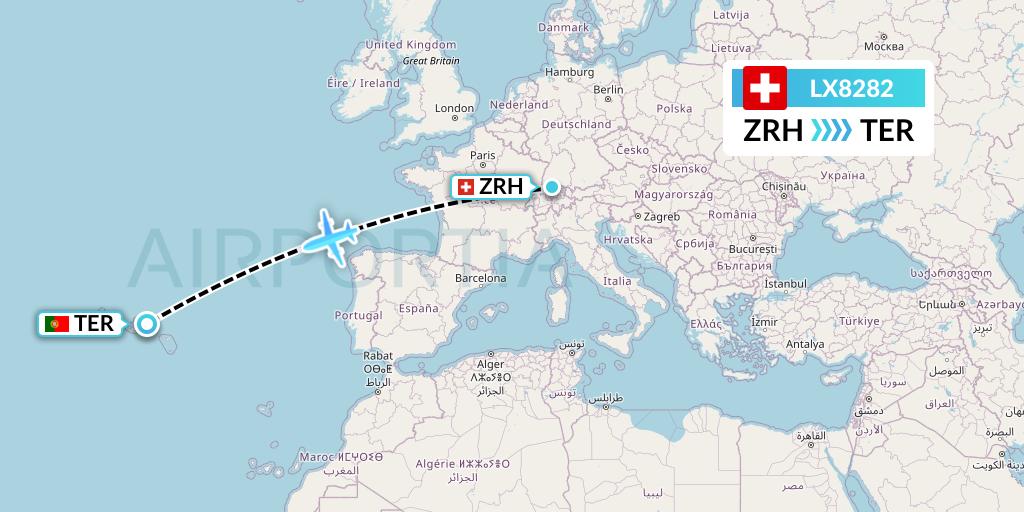 LX8282 Swiss Flight Map: Zurich to Lajes