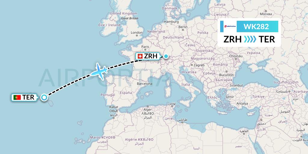 WK282 Edelweiss Air Flight Map: Zurich to Lajes