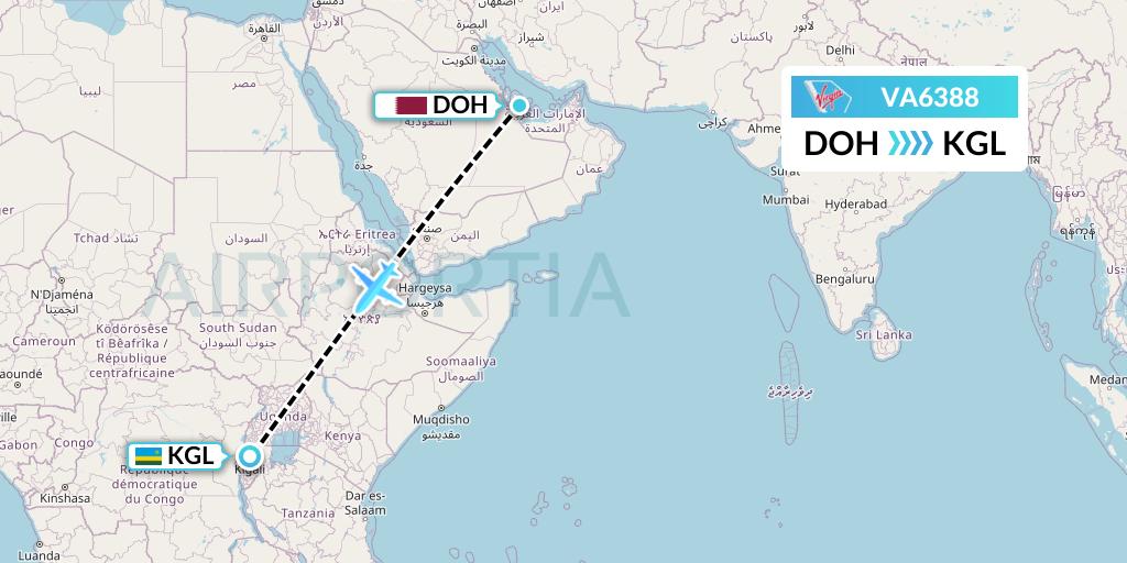 VA6388 Virgin Australia Flight Map: Doha to Kigali