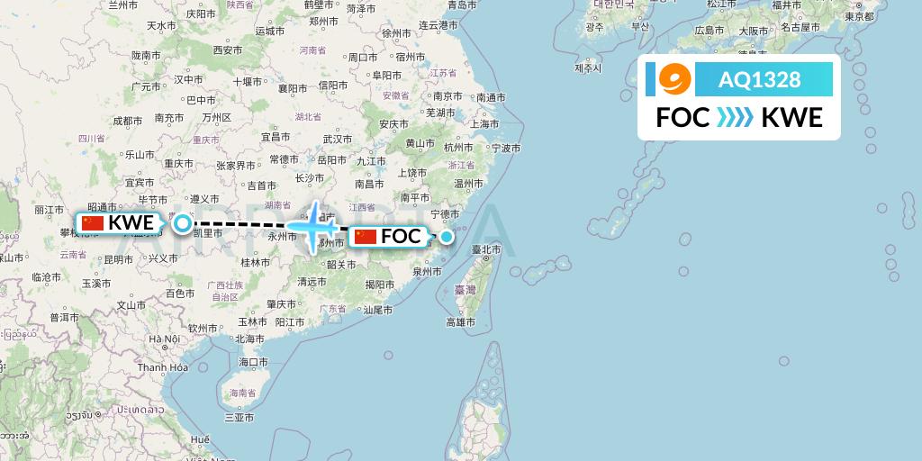 AQ1328 9 Air Flight Map: Fuzhou to Guiyang