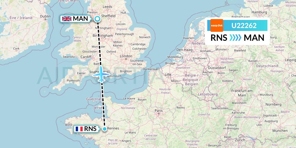 U22262 EasyJet Flight Map: Rennes to Manchester