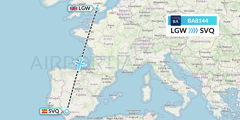 BA8144 British Airways Flight Map: London to Seville