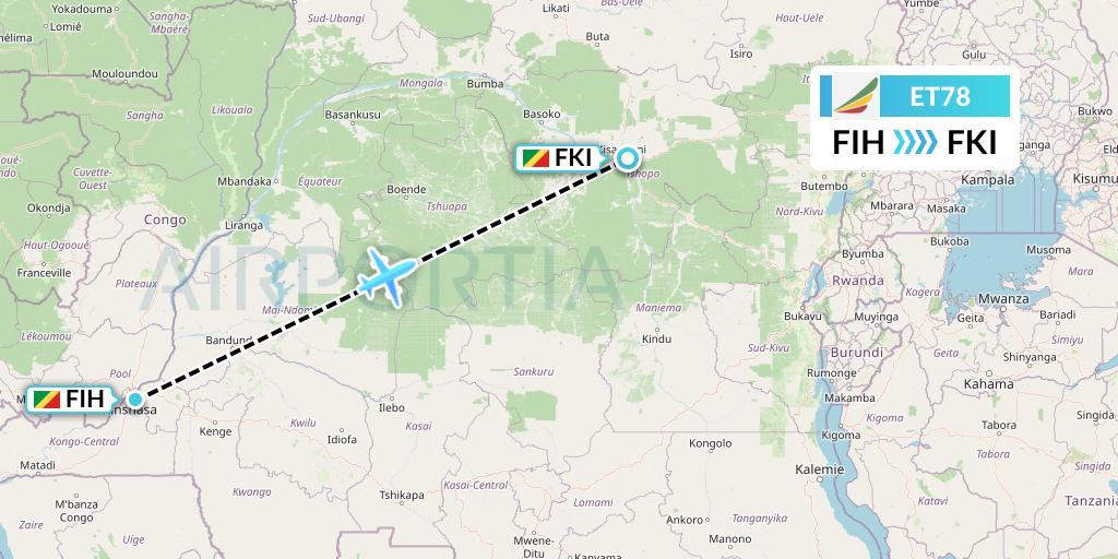 ET78 Ethiopian Airlines Flight Map: Kinshasa to Kisangani