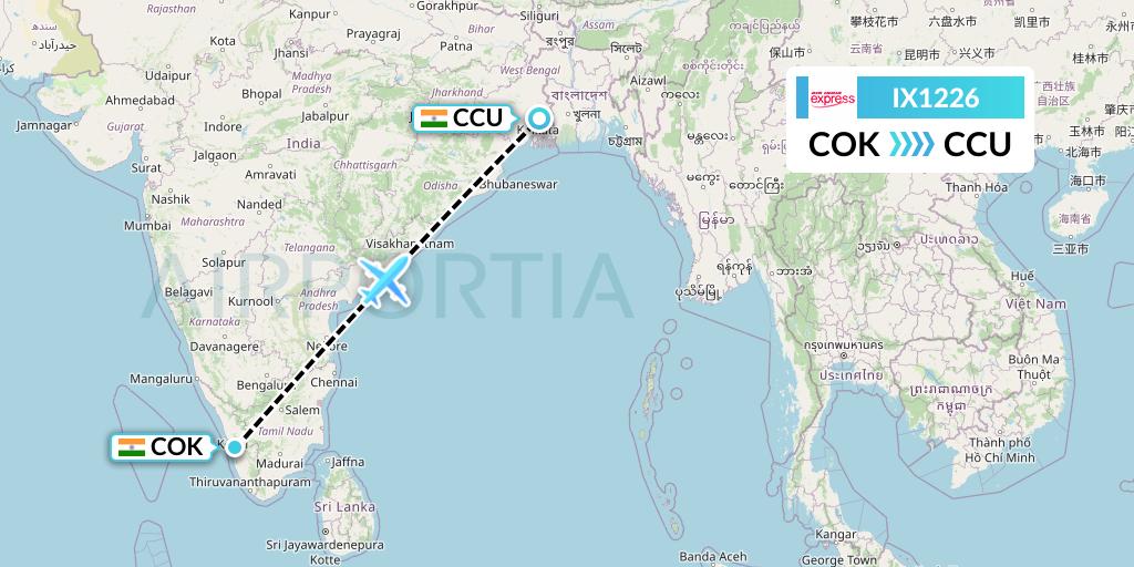 IX1226 Air India Express Flight Map: Cochin to Kolkata