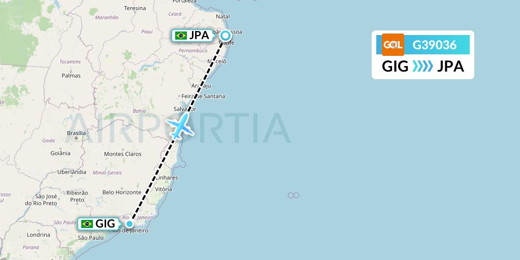 G39036 GOL Transportes Aeros Flight Map: Rio de Janeiro to Joao Pessoa