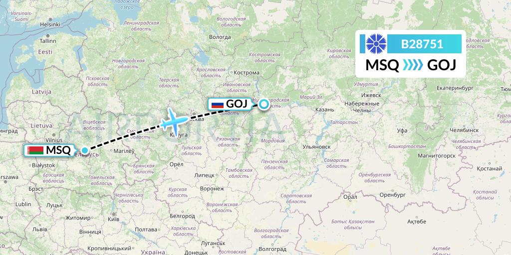 B28751 Belavia Flight Map: Minsk to Nizhny Novgorod