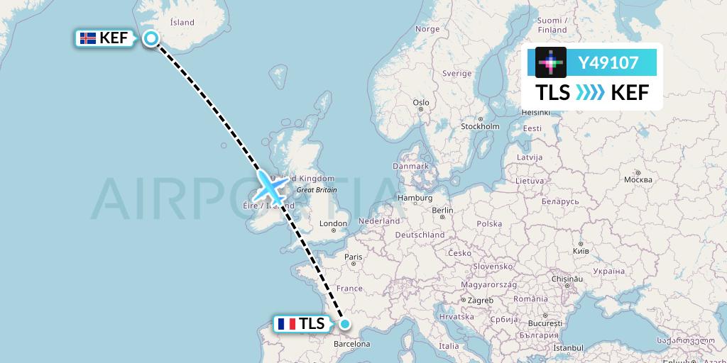 Y49107 Volaris Flight Map: Toulouse to Reykjavik