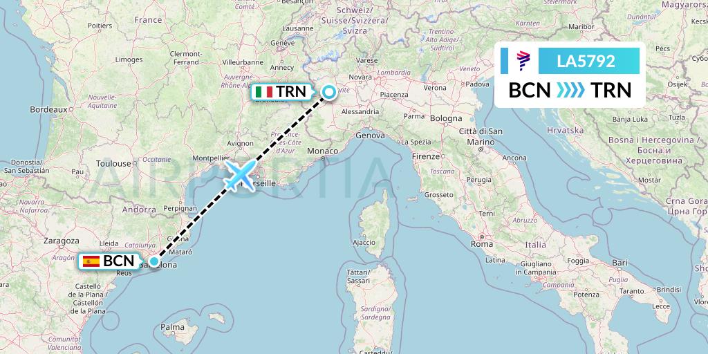 LA5792 LAN Airlines Flight Map: Barcelona to Turin