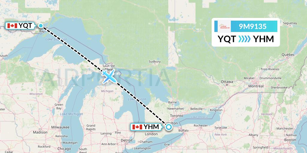9M9135 Central Mountain Air Flight Map: Thunder Bay to Hamilton